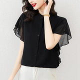New Summer Of 2025 Loose Show Thin Short Sleeve Lotus Leaf Sleeve Jacket Thin Design Sense Minority Chiffon Shirt