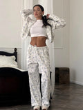Sale Of Broken Flower Hoodie Set Of Women's Short Zipper Coat Draw Rope Wide Leg Pants Fresh Print Autumn And