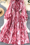 Women Blue/Red/Black Printed Party Dress Bohemian Puff Long Sleeve High Waist Ruffle Collar Midi Robe Female Vestidos
