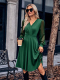 Autumn And Winter Casual Women's Fashion Solid Color Waist Splicing V Collar Dress