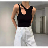 Zingj Women's Dress Street Hipster Fashion Wind Round Collar Side Irregular Hollow Out Design Women's Solid Color Slim Small