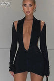 Sexy Hollow Deep V Neck Ruched Mini Dress Women Long Sleeve Backless Party Clubwear Lady Vestidos Mujer