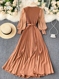 Women Pleated Long Dress Female Elegant Lantern Long Sleeve High Waist Red/Purple Draped Maxi Vestidos Spring Autumn