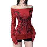 Personality Hottie Style Shoulder Dark Print T-Shirt Lace Side Long Sleeves To Dress Casual