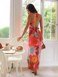Zingj Summer New Women's Temperament Casual V-Neck Printing Tie Medium Long Dress