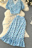 Women Polka Dot Chiffon Two Piece Set Vintage V-Neck Bandage Short Tops + High Waist Mermaid Skirt 2Pcs Suits New