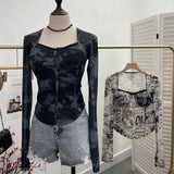 Quality Explosion Fang Lace Splicing Tie-Dye Mesh Long Sleeve Tight Babes With Chest Pads Short Top