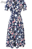 Women Summer Chiffon Midi Dress 2023 Floral Print V Neck Puff Short Sleeve A-Line Elegant Vintage Boho Beach