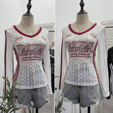 V-Neck Lace Letter-Print Fluoroskin Long-Sleeved T-Shirt Slimming Shirt Thin Top