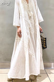 Solid Long Dress Women Loose Embroidered White Dress Female V Neck Lace Up Dress Ladies Elegant Beach Dress