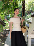 Xixi 2025 Spring And Summer New One-Word Collars Bottom Knitted Short-Sleeved T-Shirt Women's Top