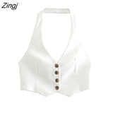 Women Fashion Solid Single Breasted Sleeveless Vest Short Blouse Female Backless Halter Shirt Chic Blusas Tops