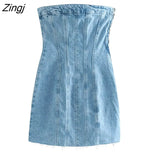 Women Fashion Off Shoulder Strapless Slim Short Denim Mini Shirt Dress Ladies Side Zipper Casual Party Vestidos