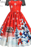 Dress Christmas Costume Women Lace Short Sleeve Hight Waist Vintage Evening Party Prom Casual