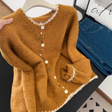 Retro Wavy Collar Color Button Design Knitted Cardigan Women Loose Soft-Creative Sweater Jacket
