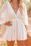 Women Deep V-Neck Boho Dress Bat Flared Sleeves Lace Button Cake Dress Casual Ruffle Flowy Mini Beach Dress 2023