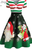 Dress Women Winter Santa Claus Striped Print Elegant Short Sleeve V-neck Xmas Party Midi