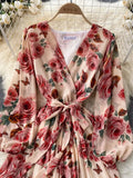 Women Floral Draped Mini Dress Bohemian Female V-Neck Puff Long Sleeve High Waist Bandage Pleated Vestido Female Robe