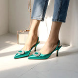 new stiletto pointed high heel rhinestone buckle sandals Satin Korean version of the wild Baotou female cool