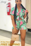 Flower Print Women Two Pieces Set Summer Vacation Shorts Sleeve Shirt and Shorts Outfits Holiday Beach