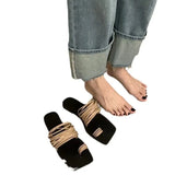 Zingj Version Of Fine Belt Combination One Word Soft Leather Square Head Slippers Female Open Toe Flat Bottom Beach