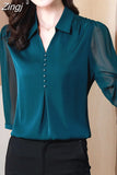 Women Shirts V-Neck Button Three-quarter Sleeve Blouses for Women 2023 Fashion Womens Tops Solid Basic OL Blue Ladies