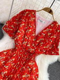 Bohemian Women Floral Printed Midi Dress Elegant V-Neck Short Sleeve High Waist Draped Slim Big Swing Vestidos Female