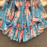 Slash Neck Spaghetti Strap Mini Chiffon Dress Women Summer Vacation Beach Flare Long Sleeve Ruffle Blue/Green Vestidos