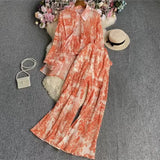 Suit Female Korean Version Of The Lantern Sleeves Loose Single-Chamed Dizzled Dyed Printed Shirt Three Sets Of High-Rise Broad-Legged