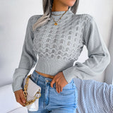 And Winter Street Wind Solid Color Hollow Striped Lantern Sleeve Open Umbilly Knitted Sweater Women's