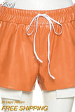 Fuax Leather Shorts Women Summer Fashion Irregular Patchwork Drawstring Elastic Waist Straight Bottoms Clothing