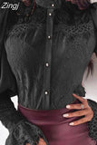 Fashion Vintage Shirts Woman Long Flare Sleeve Autumn Tops Slim Hollow Stand Collar Lace Blouse Women Blusas Mujer