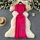 Zingj Senior Sense Dress Female Summer Sexy Sequins Slit Waist Show Thin Round Collar Short Sleeves In The Long Knit