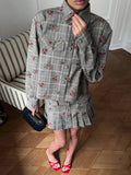 Plaid-Print Set Shirt-Style Jacket With Hundreds Of Folded Skirt Autumn And Winter Crumuml Flower Design Sweet Retro