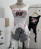 Shooting Retro Jersey Vest Letter Print Oblique Shoulder Hottie Wearing Lotus Edge Ribbon Ribbon Short Top
