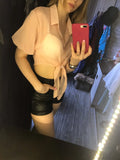 2023 Summer Half Sleeve Buttoned Up Shirt Loose Casual Blouse Chiffon Shirts Women Tied Waist Elegant Blouses for