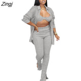 Women Tracksuirt 3 Piece Set Sweater Shirt +Long Pants Knit Ribbed Streetwear Matching Set Clothes For Women