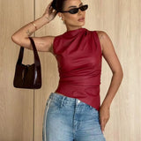 Zingj Women's 2024 Leather Collar Personality Waist Oblique Sleeveless Top Women's