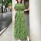 Women's Summer Design Sensing Splicing Round Collar Horn Sleeves To Close The Waist Thin Lace Lotus Side