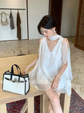 Xixi 2025 Summer New Temperament Elegant V Collar Hanging Neck Short-Sleeved Dress Women
