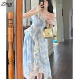 Elegant Floral Strap Dress Women Ruffles Designer Korean Party Irregular Dress Female 2022 Autumn Vintage Sleeveless