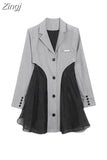 Dress Tulle Patchwork Women Fall Popular Dress Design Stylish Ladies Solid Retro Button Temperament Dress Chic