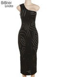 Inclined Shoulder Maxi Dresses Women 2023 Summer Sexy Hollow Trend Skinny Robe Female Elegant Bodycon Vestidos