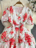 Women Floral Chiffon Draped Long Dress Vintage V-Neck Short Puff Sleeve High Waist Ruffle Pleated Vacation Beach Robe