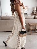 Lady Summer Lace Dress Holiday V Neck Spaghetti Strap Sundress Boho White Maxi Dress for Women Vestidos De Mujer
