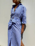 Explosion Autumn Five-Sleeve Striped Sides On Both Sides Of The Fork Shirt Dress
