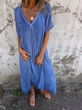 New Leisure Spring And Summer Loose Skirt Short-Sleeved V-Neck Solid Cotton