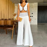 Zingj 2023 New Fashion Contrast Color Low-Cut Sexy Short Vest Casual Pants Suit-Outfit