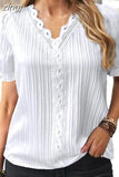 Summer Hollow Out Short Sleeve Tops Office V-neck Blouse Women Lace Mujer Loose Ladies Simple Casual Shirts Elegant