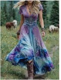 Large-Size Women's Loose White Dress Creative Pattern Totem Deep V Short-Sleeved